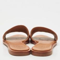 Pre Owned Tory Burch Brown/Beige Leather Everly Slide Flats Size 35.5