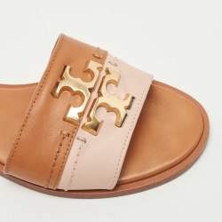 Pre Owned Tory Burch Brown/Beige Leather Everly Slide Flats Size 35.5