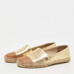 Pre Owned Tory Burch Gold/Beige Leather Cap Toe Flat Espadrilles Size 35.5