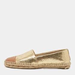 Pre Owned Tory Burch Gold/Beige Leather Cap Toe Flat Espadrilles Size 35.5