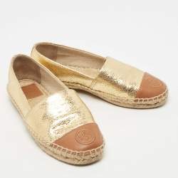 Pre Owned Tory Burch Gold/Beige Leather Cap Toe Flat Espadrilles Size 35.5