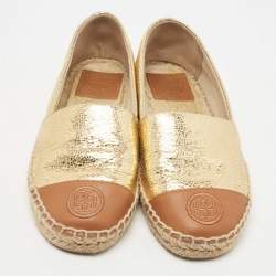 Pre Owned Tory Burch Gold/Beige Leather Cap Toe Flat Espadrilles Size 35.5