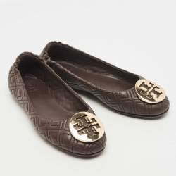 Pre Owned Tory Burch Brown Leather Scrunch Ballet Flats Size 35.5