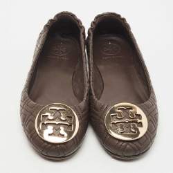 Pre Owned Tory Burch Brown Leather Scrunch Ballet Flats Size 35.5