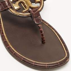 Pre Owned Tory Burch Burgundy Croc Embossed Leather Thong Flats Size 40.5