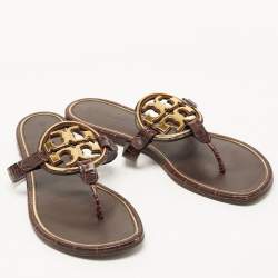 Pre Owned Tory Burch Burgundy Croc Embossed Leather Thong Flats Size 40.5