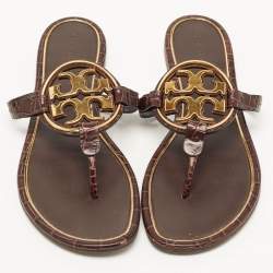 Pre Owned Tory Burch Burgundy Croc Embossed Leather Thong Flats Size 40.5