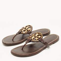 Pre Owned Tory Burch Burgundy Croc Embossed Leather Thong Flats Size 40.5