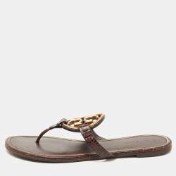 Pre Owned Tory Burch Burgundy Croc Embossed Leather Thong Flats Size 40.5