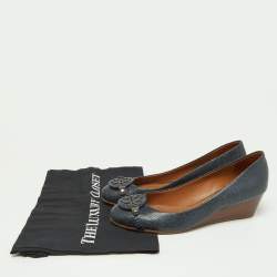 Pre Owned Tory Burch Navy Blue Lizard Embossed Leather Wedge Pumps Size 38.5