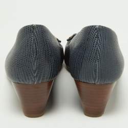Pre Owned Tory Burch Navy Blue Lizard Embossed Leather Wedge Pumps Size 38.5