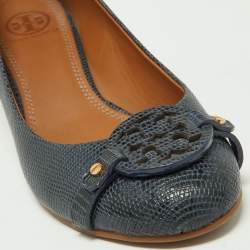 Pre Owned Tory Burch Navy Blue Lizard Embossed Leather Wedge Pumps Size 38.5