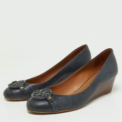 Pre Owned Tory Burch Navy Blue Lizard Embossed Leather Wedge Pumps Size 38.5