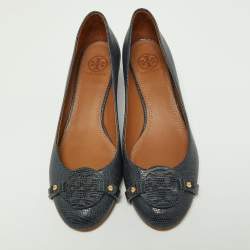 Pre Owned Tory Burch Navy Blue Lizard Embossed Leather Wedge Pumps Size 38.5