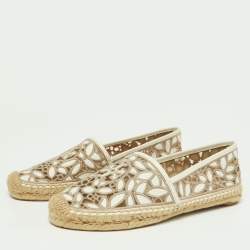 Pre Owned Tory Burch White/Grey Embroidered Leather Rhea Espadrille Flats Size 38.5