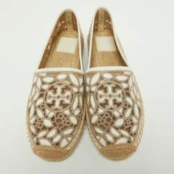Pre Owned Tory Burch White/Grey Embroidered Leather Rhea Espadrille Flats Size 38.5