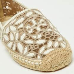 Pre Owned Tory Burch White/Grey Embroidered Leather Rhea Espadrille Flats Size 38.5