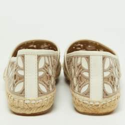 Pre Owned Tory Burch White/Grey Embroidered Leather Rhea Espadrille Flats Size 38.5