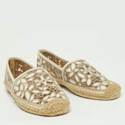Pre Owned Tory Burch White/Grey Embroidered Leather Rhea Espadrille Flats Size 38.5
