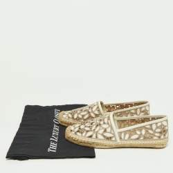 Pre Owned Tory Burch White/Grey Embroidered Leather Rhea Espadrille Flats Size 38.5