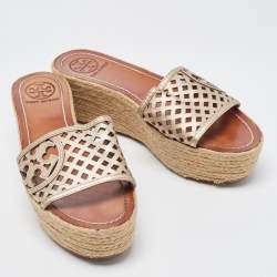 Pre Owned Tory Burch Metallic Leather Platform Wedge Sandals Size 39