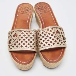 Pre Owned Tory Burch Metallic Leather Platform Wedge Sandals Size 39