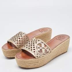 Pre Owned Tory Burch Metallic Leather Platform Wedge Sandals Size 39