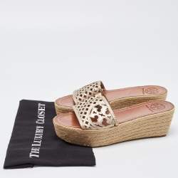 Pre Owned Tory Burch Metallic Leather Platform Wedge Sandals Size 39