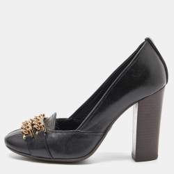 Tory Burch Black Leather Hana Metal Chain Block Heel Pumps Size 38.5
