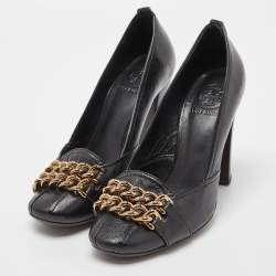 Tory Burch Black Leather Hana Metal Chain Block Heel Pumps Size 38.5