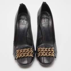 Tory Burch Black Leather Hana Metal Chain Block Heel Pumps Size 38.5
