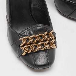 Tory Burch Black Leather Hana Metal Chain Block Heel Pumps Size 38.5