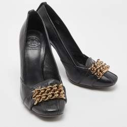 Tory Burch Black Leather Hana Metal Chain Block Heel Pumps Size 38.5
