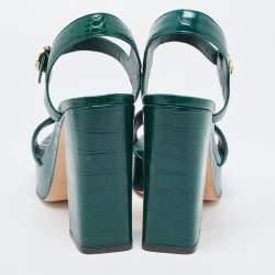 Pre Owned Tory Burch Green Croc Embossed Leather Maritine Platform Ankle Strap Sandals Size 39.5