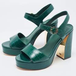 Pre Owned Tory Burch Green Croc Embossed Leather Maritine Platform Ankle Strap Sandals Size 39.5