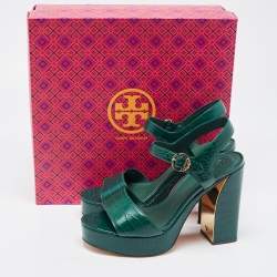 Pre Owned Tory Burch Green Croc Embossed Leather Maritine Platform Ankle Strap Sandals Size 39.5