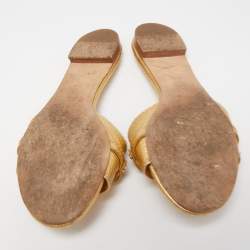 Pre Owned Tory Burch Gold Leather Logo Buckle Flat Slides Size 37