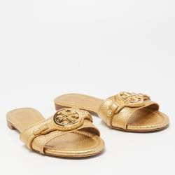 Pre Owned Tory Burch Gold Leather Logo Buckle Flat Slides Size 37