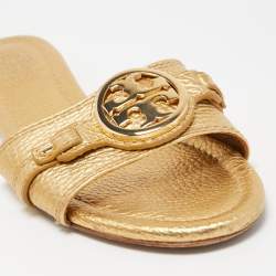Pre Owned Tory Burch Gold Leather Logo Buckle Flat Slides Size 37
