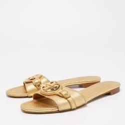 Pre Owned Tory Burch Gold Leather Logo Buckle Flat Slides Size 37