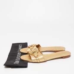 Pre Owned Tory Burch Gold Leather Logo Buckle Flat Slides Size 37