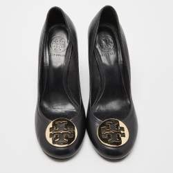 Pre Owned Tory Burch Black Leather Sally Wedge Pumps Size 38.5