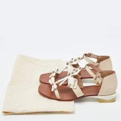 Pre Owned Tory Burch Beige/White Leather Studded Strap Flat Sandals Size 37.5