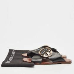 Pre Owned Tory Burch Black Leather Thame Logo Detail Criss Cross Flat Slides Size 37.5