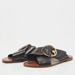 Pre Owned Tory Burch Black Leather Thame Logo Detail Criss Cross Flat Slides Size 37.5