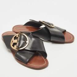Pre Owned Tory Burch Black Leather Thame Logo Detail Criss Cross Flat Slides Size 37.5