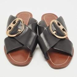 Pre Owned Tory Burch Black Leather Thame Logo Detail Criss Cross Flat Slides Size 37.5