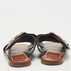 Pre Owned Tory Burch Black Leather Thame Logo Detail Criss Cross Flat Slides Size 37.5