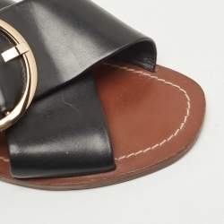 Pre Owned Tory Burch Black Leather Thame Logo Detail Criss Cross Flat Slides Size 37.5