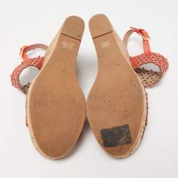 Pre Owned Tory Burch Orange Perforated Leather Daisy Cork Wedge Sandals Size 37